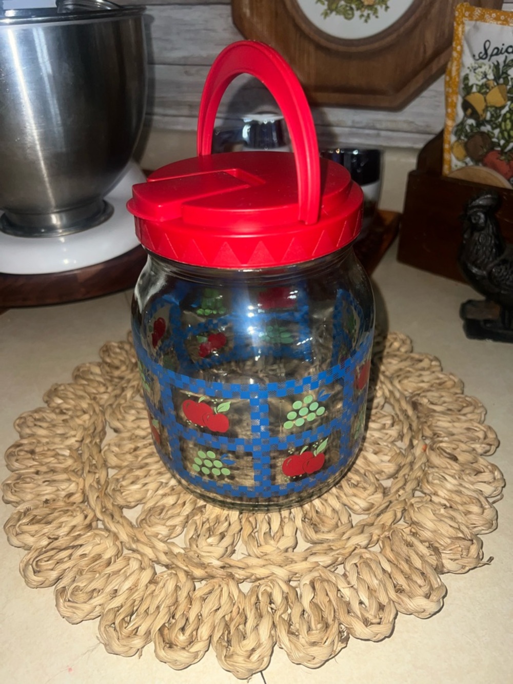 Sun Tea - Vintage Red-Lid Glass Storage Jar with Blue Check & Fruit Motif -